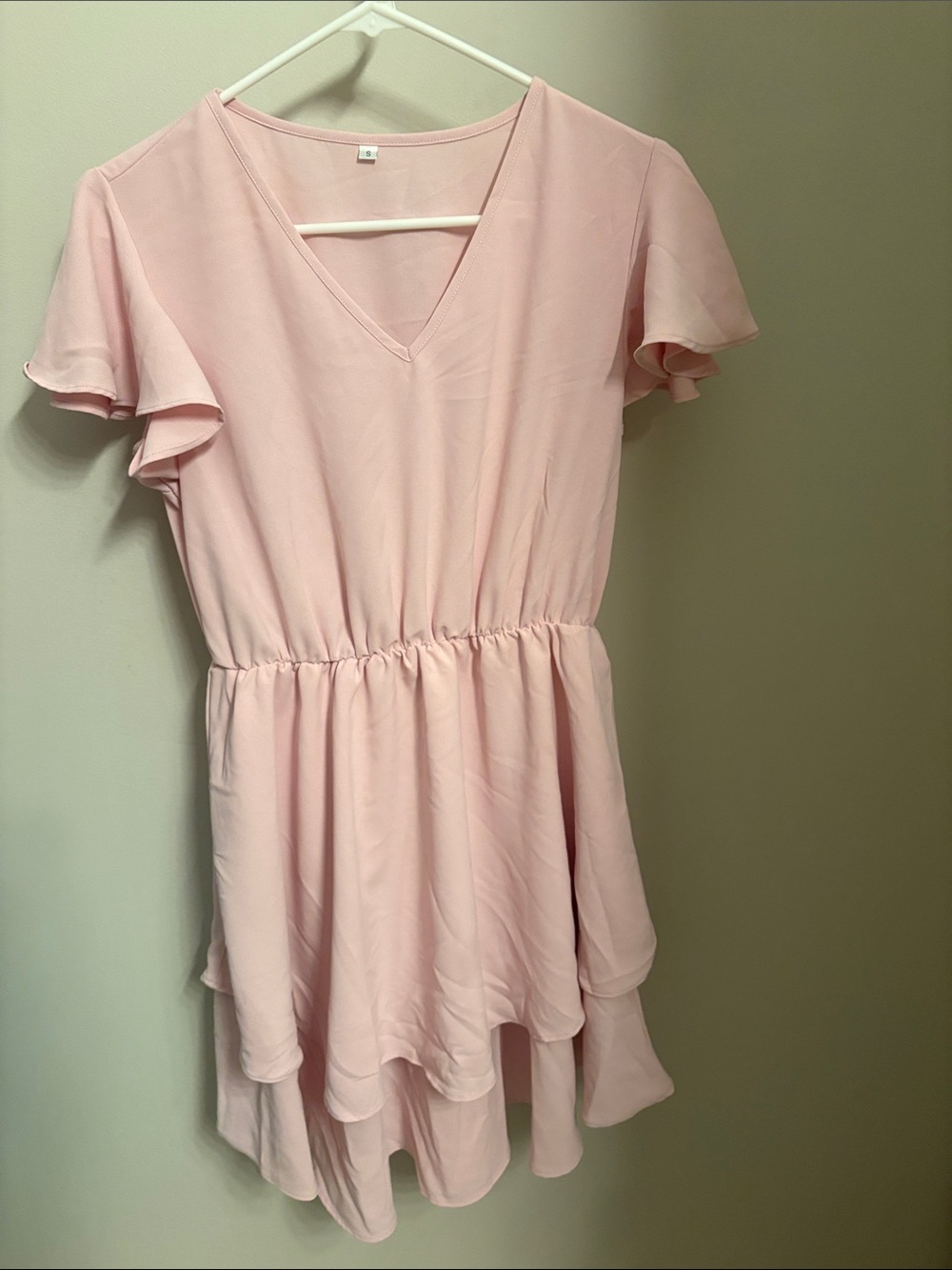 Soft Pink V-Neck Ruffled Tiered Dress
